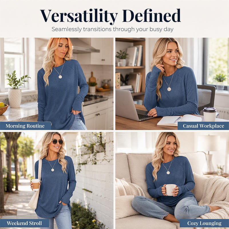 ✨ Easy Everyday Style 🍁 Women's Casual Crewneck Top with Thumbholes