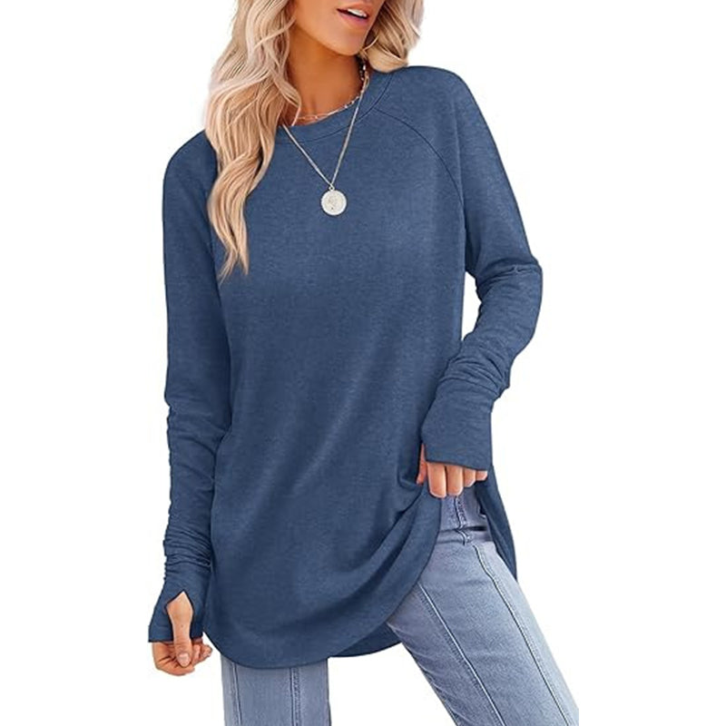 ✨ Easy Everyday Style 🍁 Women's Casual Crewneck Top with Thumbholes