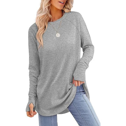 ✨ Easy Everyday Style 🍁 Women's Casual Crewneck Top with Thumbholes