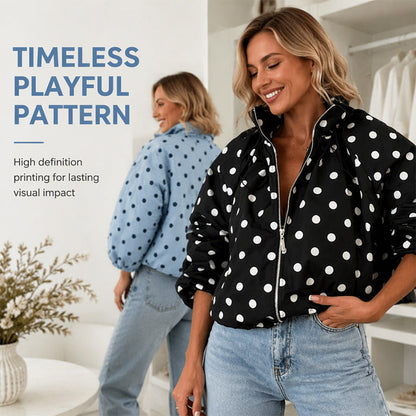 ⚫ Playful Polka Dots, Statement Sleeves | Women's Oversized Zipper Jacket