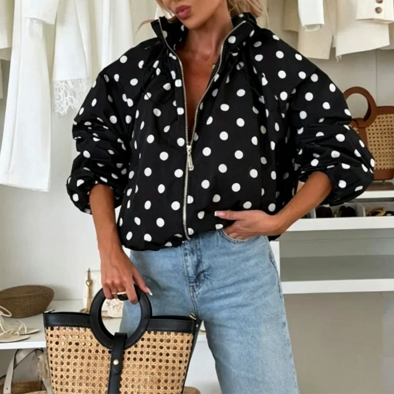 ⚫ Playful Polka Dots, Statement Sleeves | Women's Oversized Zipper Jacket
