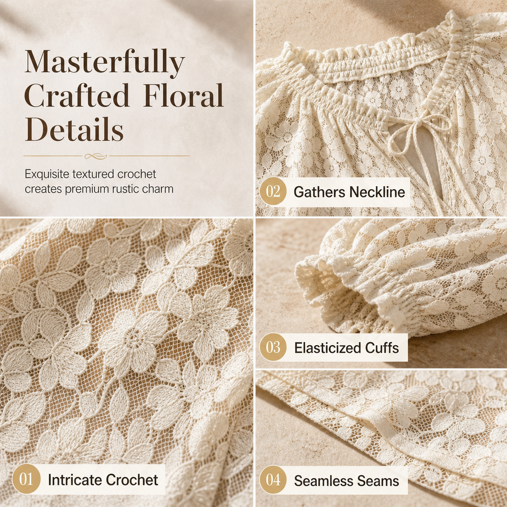 🌸 Delicate Floral Lace, Effortless Drape | Women's Loose-Fit Crochet Blouse