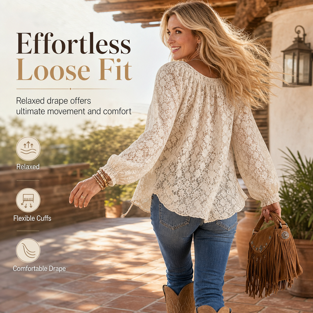 🌸 Delicate Floral Lace, Effortless Drape | Women's Loose-Fit Crochet Blouse