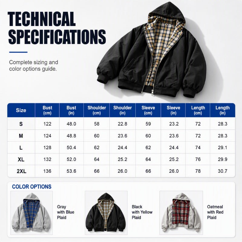 Unisex Reversible Plaid Zipper Hooded Jacket
