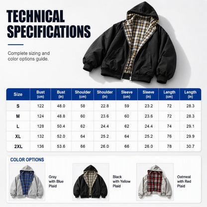 Unisex Reversible Plaid Zipper Hooded Jacket