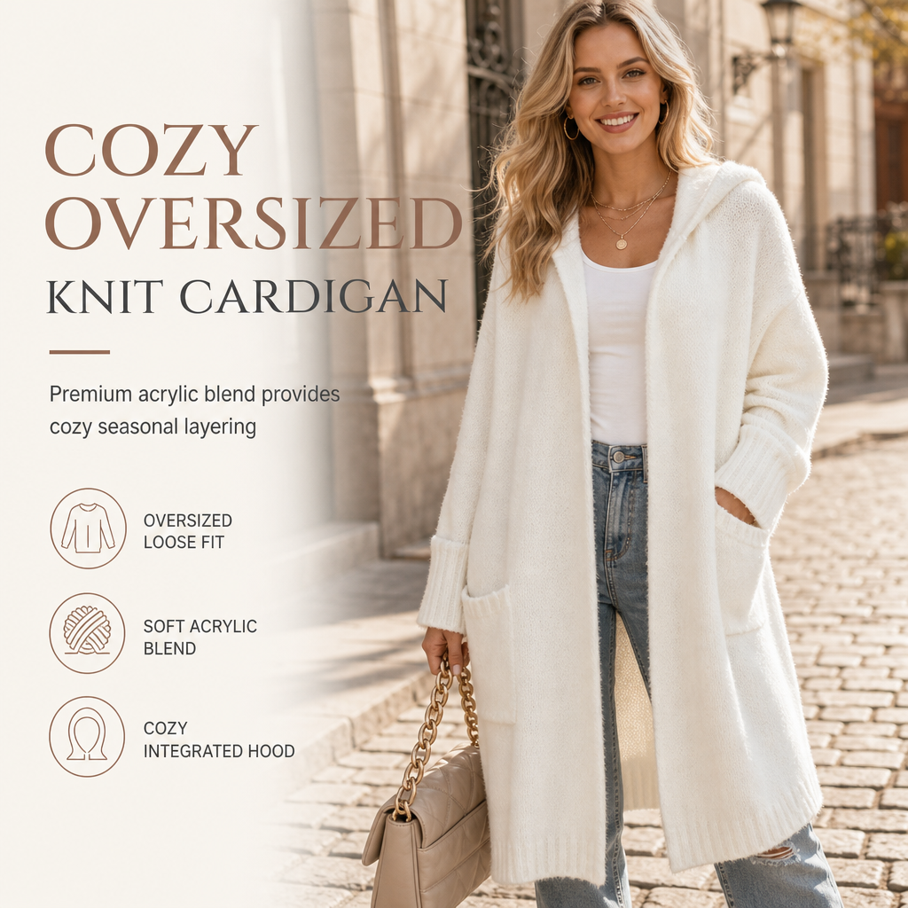 🧶 Cozy Long-Line Fit, Statement Back Detail | Women's Hooded Knit Cardigan ⚡