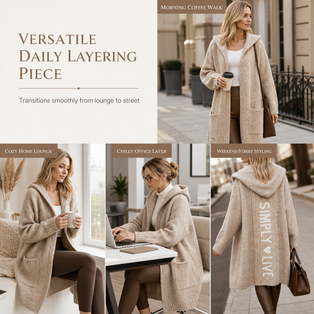 🧶 Cozy Long-Line Fit, Statement Back Detail | Women's Hooded Knit Cardigan ⚡