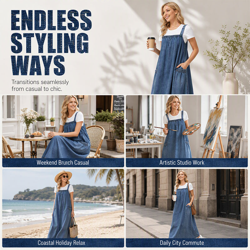 👗✨Women's Oversized Casual Denim Suspender Maxi Dress