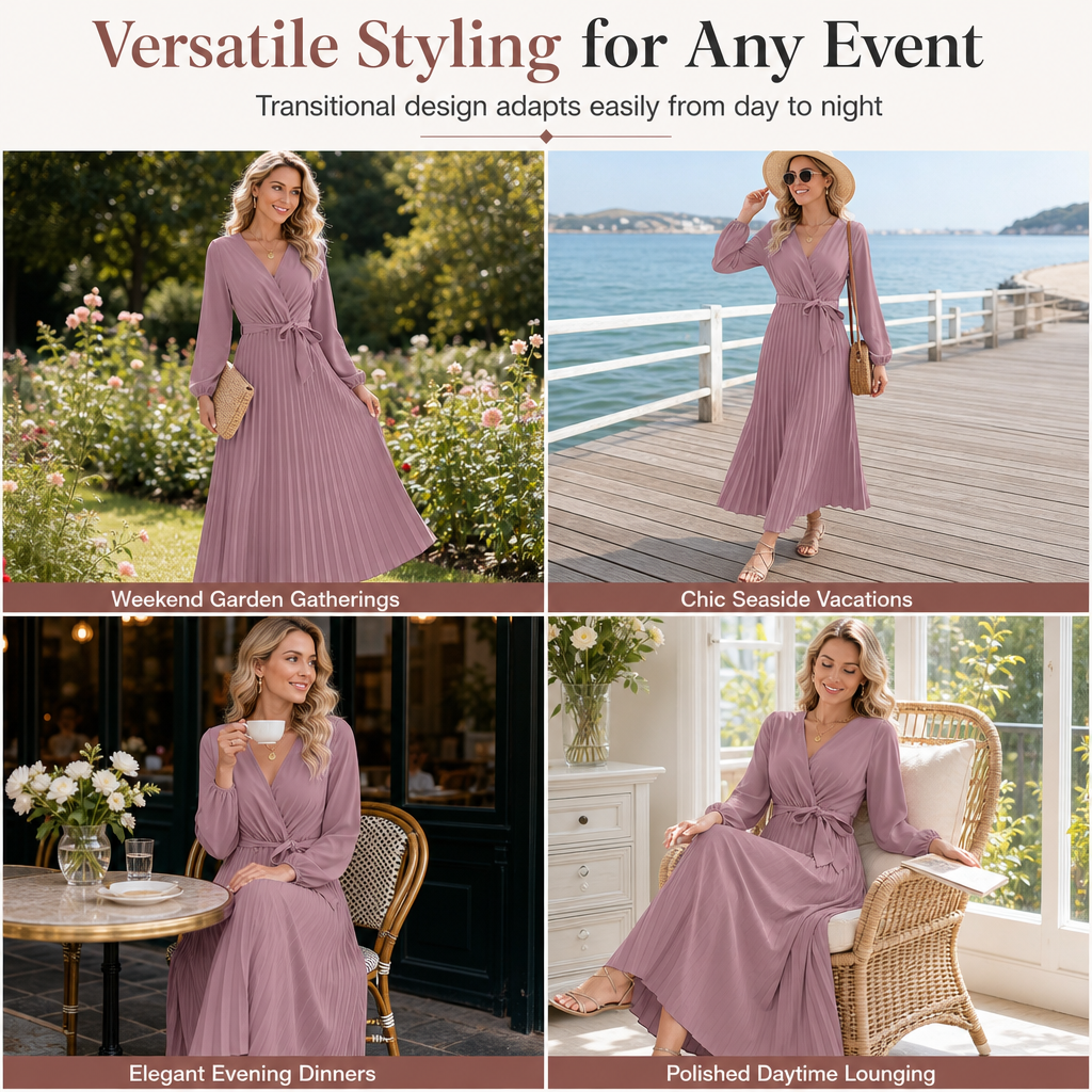 👗✨Women's Elegant Crossover V Neck Pleated Maxi Dress✨