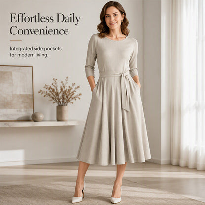 Women's Crew Neck Ribbed Knit A-Line Midi Dress with 3/4 Sleeves and Pockets