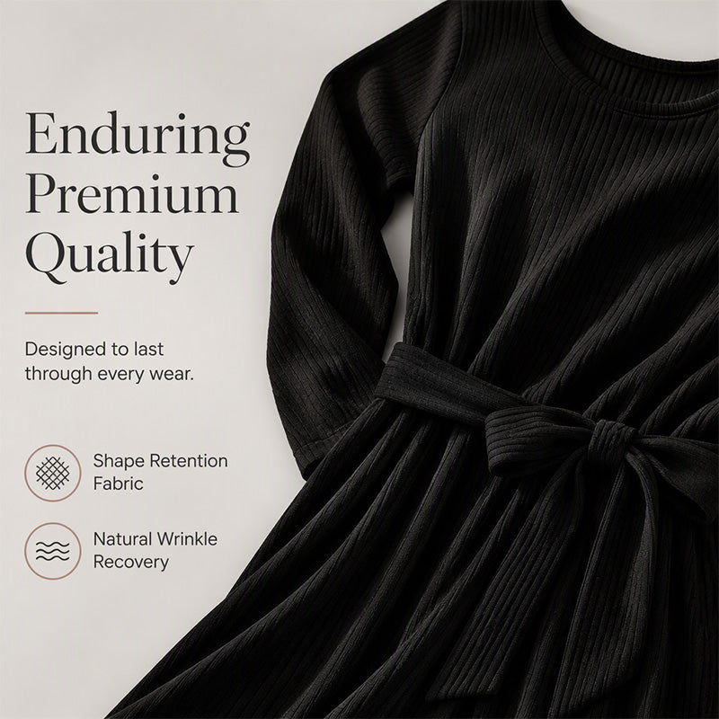 Women's Crew Neck Ribbed Knit A-Line Midi Dress with 3/4 Sleeves and Pockets