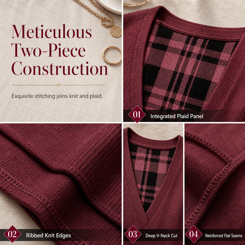Women's Layered Look Plaid Knit Top
