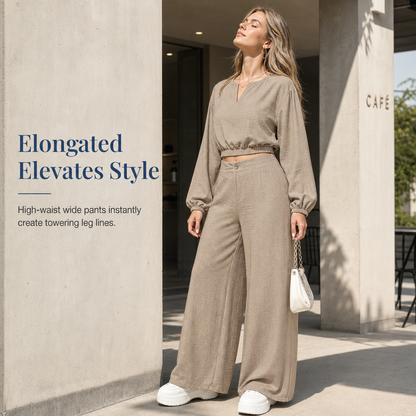 Women's Casual  V-Neck Lantern Sleeve Crop Top & High Waist Wide Leg Pants Set