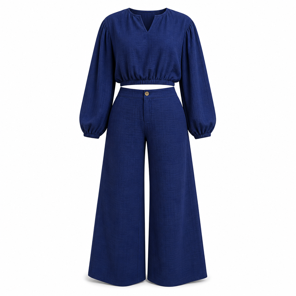 Women's Casual  V-Neck Lantern Sleeve Crop Top & High Waist Wide Leg Pants Set