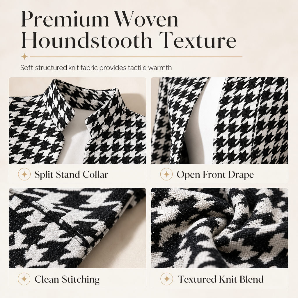 🖤 Houndstooth Detail, Flattering Tailored Fit | Women's Split-Collar Coat ⚡
