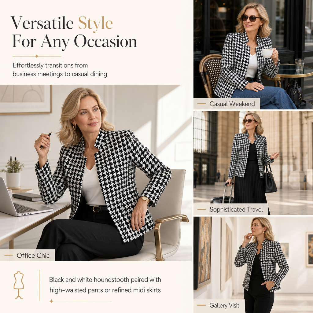 🖤 Houndstooth Detail, Flattering Tailored Fit | Women's Split-Collar Coat ⚡