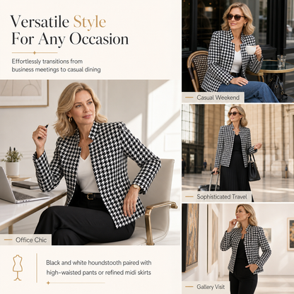 🖤 Houndstooth Detail, Flattering Tailored Fit | Women's Split-Collar Coat ⚡