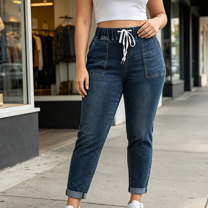 Women's Elastic Waist Denim Pants with Pockets