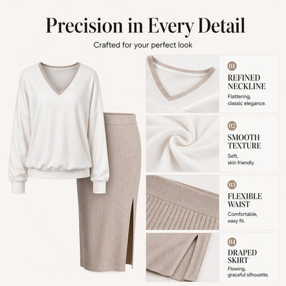 Women's Long Sleeve V-Neck Top & Ribbed Skirt Set