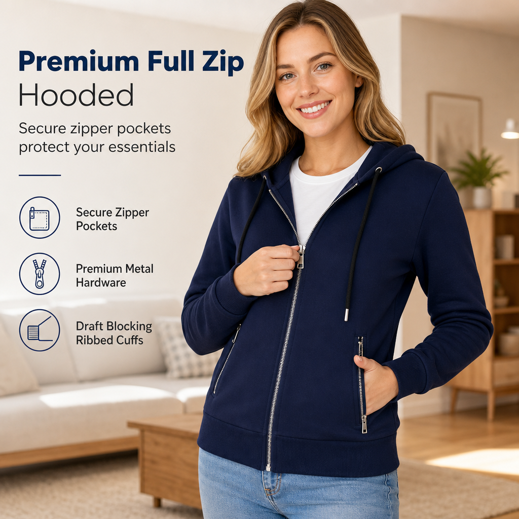 Women's Premium Full Zip Hooded with Zipper Pockets