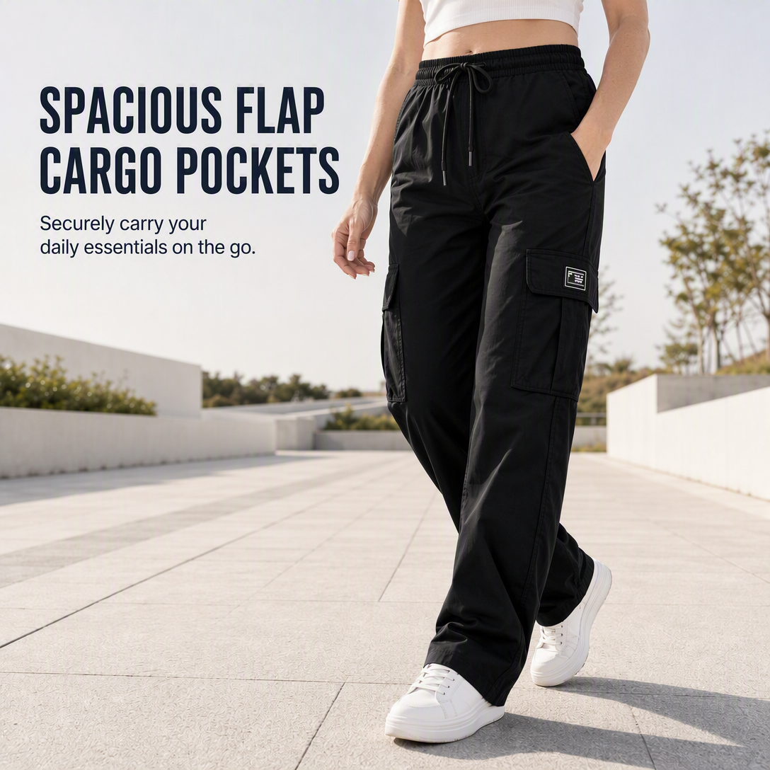 Women's Relaxed Fit Straight Leg Cargo Pants with Elastic Drawstring Waist and Side Utility Pockets