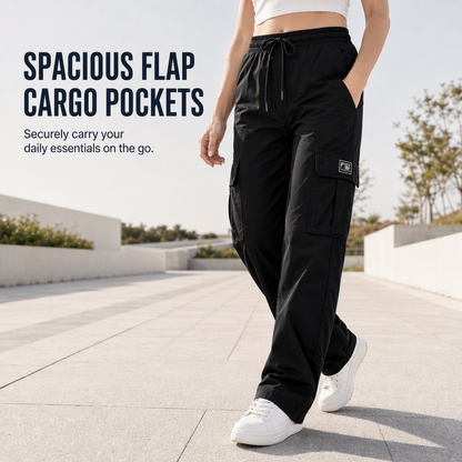 Women's Relaxed Fit Straight Leg Cargo Pants with Elastic Drawstring Waist and Side Utility Pockets