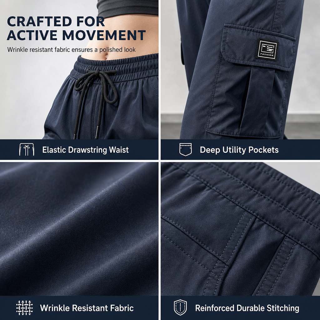 Women's Relaxed Fit Straight Leg Cargo Pants with Elastic Drawstring Waist and Side Utility Pockets
