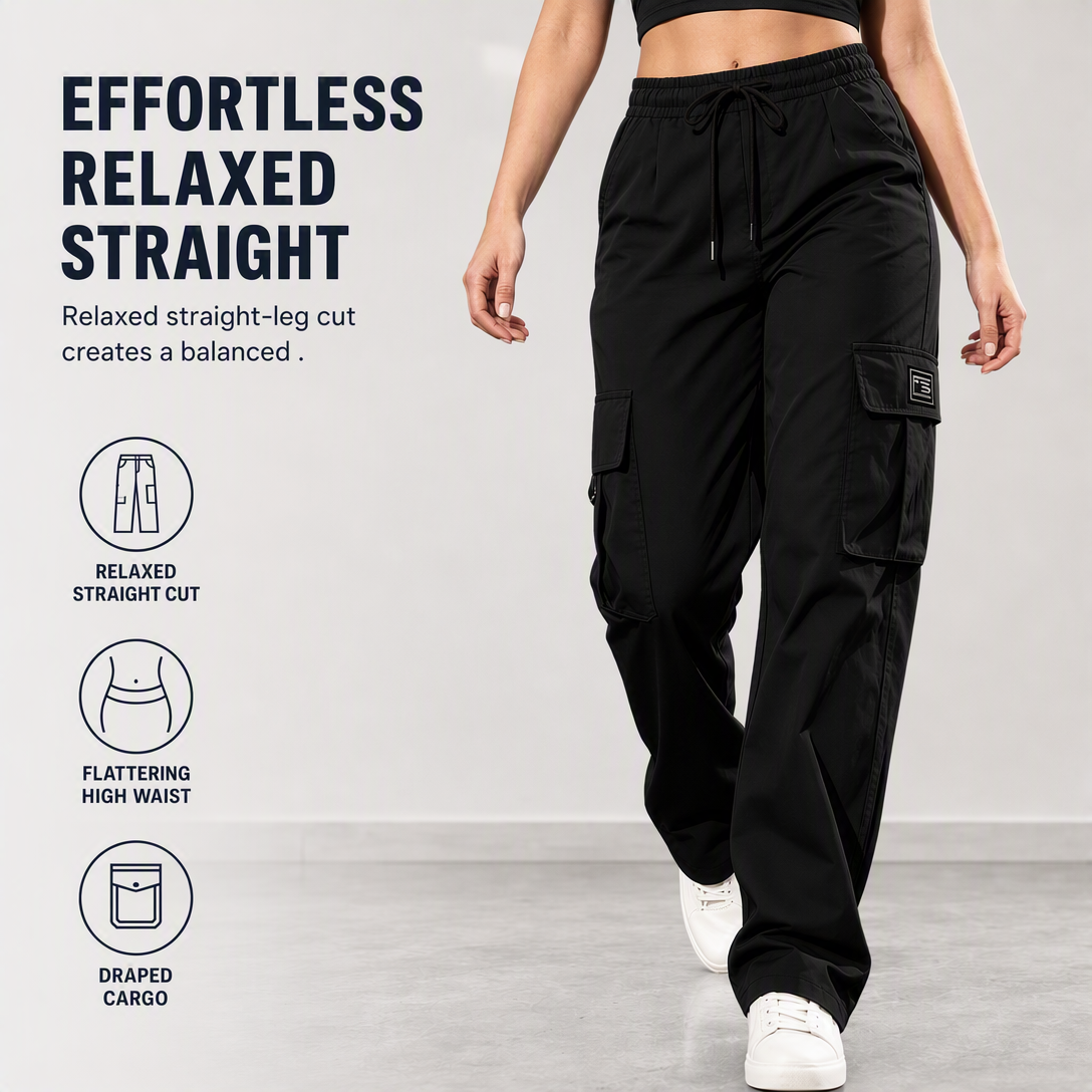 Women's Relaxed Fit Straight Leg Cargo Pants with Elastic Drawstring Waist and Side Utility Pockets