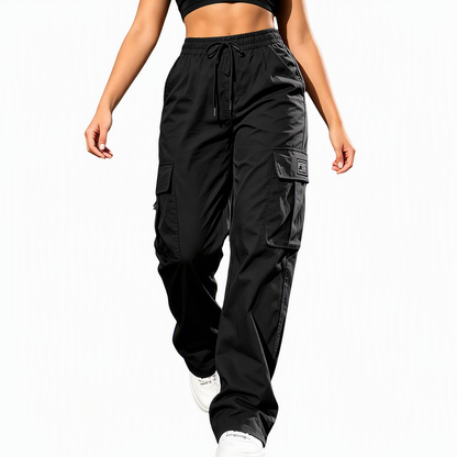 Women's Relaxed Fit Straight Leg Cargo Pants with Elastic Drawstring Waist and Side Utility Pockets