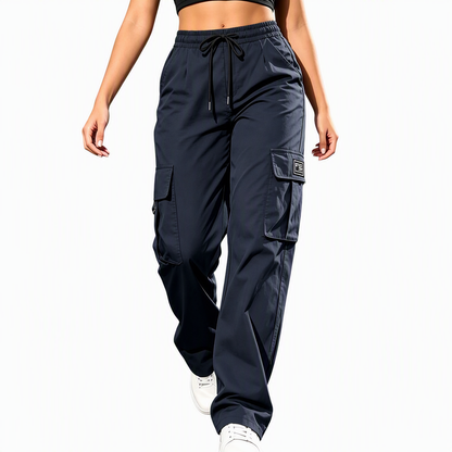 Women's Relaxed Fit Straight Leg Cargo Pants with Elastic Drawstring Waist and Side Utility Pockets