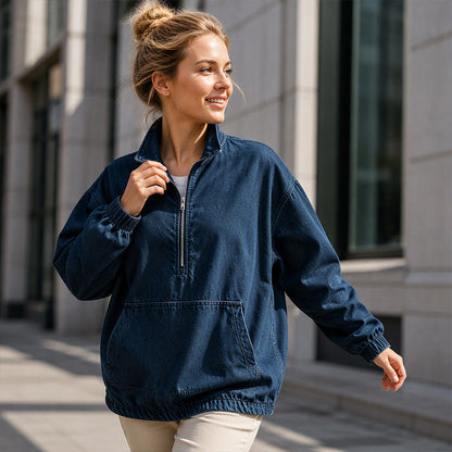 ✨ Relaxed by Design | Women’s Washed Denim Half-Zip Oversized Jacket
