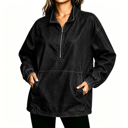 ✨ Relaxed by Design | Women’s Washed Denim Half-Zip Oversized Jacket