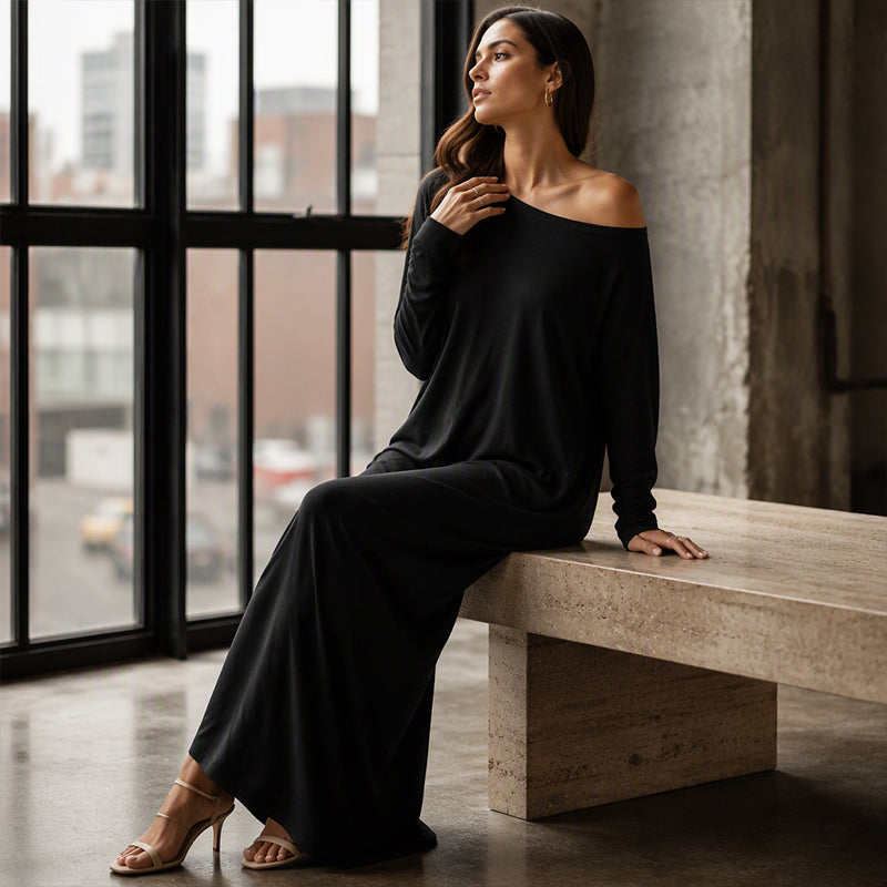 💃 Off-Shoulder Elegance, Flattering Maxi Drape | Women's Long-Sleeve Dress
