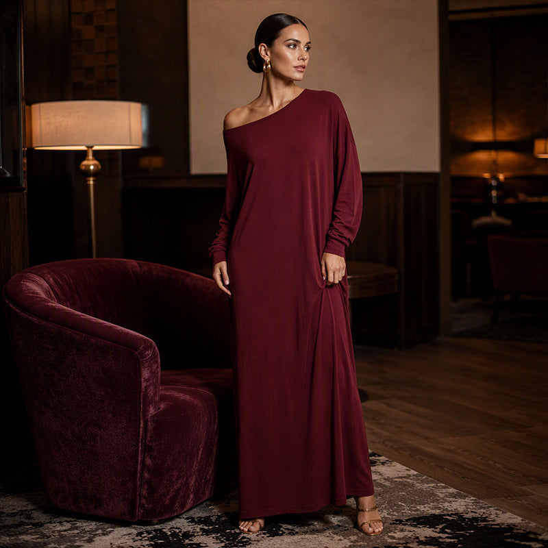 💃 Off-Shoulder Elegance, Flattering Maxi Drape | Women's Long-Sleeve Dress