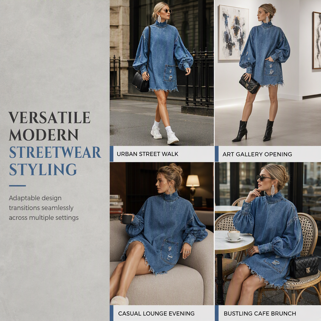 Women's Oversized Denim Mock Neck Mini Dress