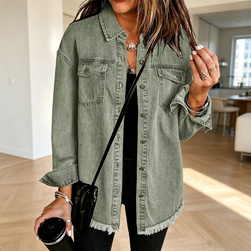 Women's Frayed Hem Washed Denim Jacket