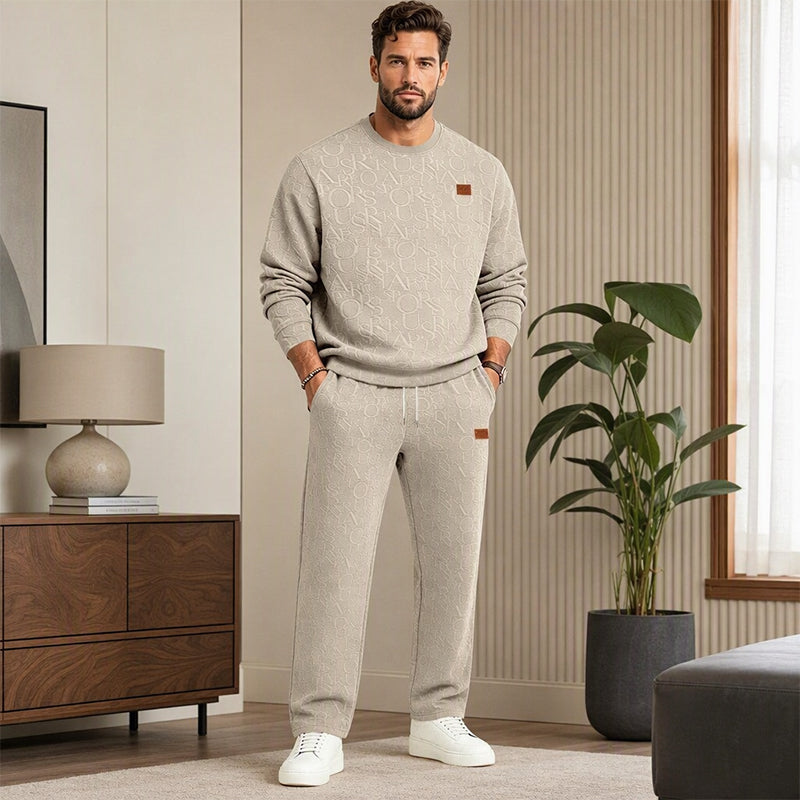 Men's Jacquard Letter Sweatshirt & Drawstring Pants Set