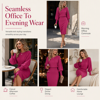 ✨ Defined Waist, Elegant Batwing Drape | Women's Ribbed Knit Midi Dress