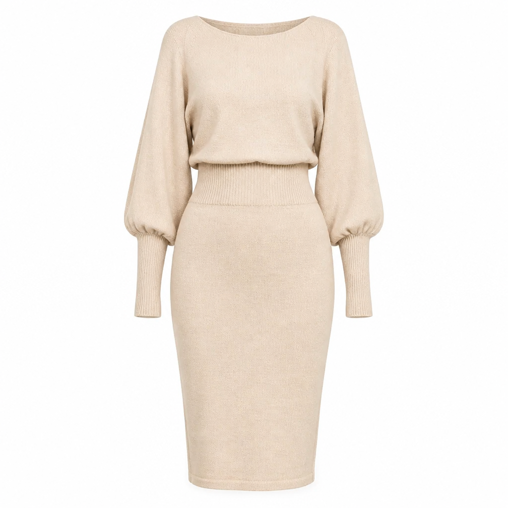 ✨ Defined Waist, Elegant Batwing Drape | Women's Ribbed Knit Midi Dress