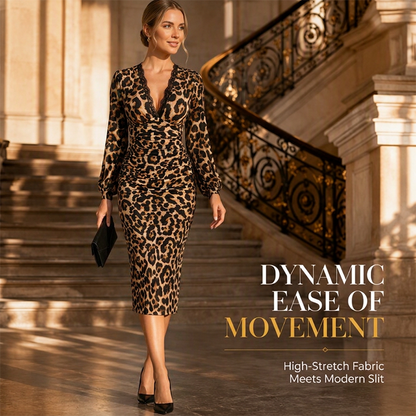 🐆 Lace V-Neck, Curve-Flattering Ruched Fit | Women's Leopard Midi Dress