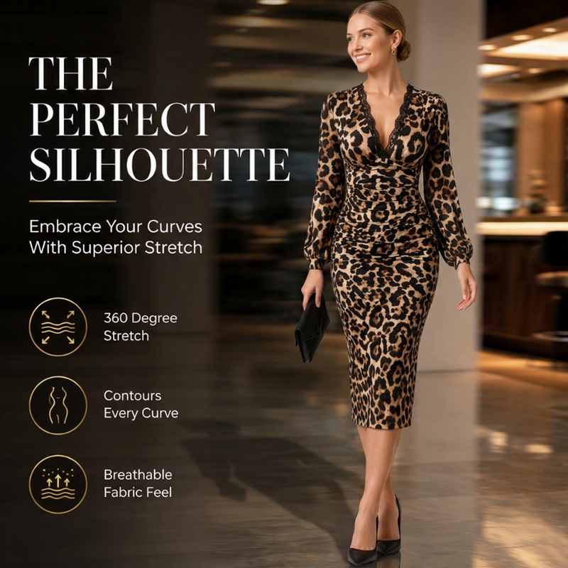 🐆 Lace V-Neck, Curve-Flattering Ruched Fit | Women's Leopard Midi Dress