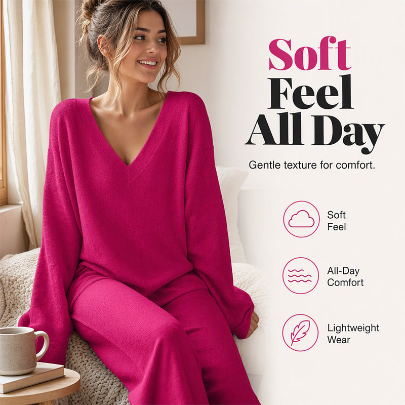 Women's Knit V-Neck Sweater & Wide-Leg Pants Set