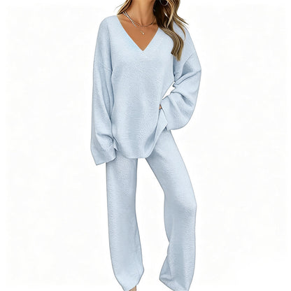 Women's Knit V-Neck Sweater & Wide-Leg Pants Set