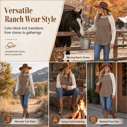 🍁Women's Western Ranch Style Raglan Long Sleeve Knit Top with Textured Waffle Fabric and Curved Hem