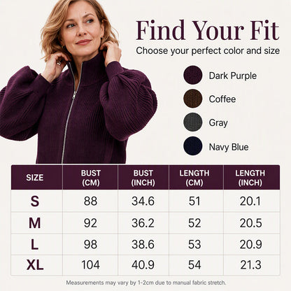 Women's Lantern Sleeve Zip-Up Knit Sweater