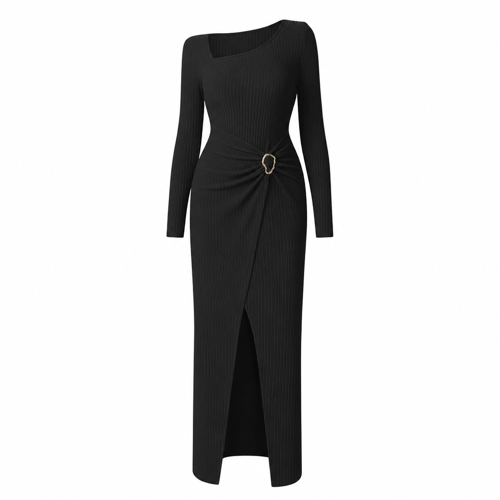 Women's Autumn Winter Solid Color Knit Texture Long Dress with Irregular Neckline