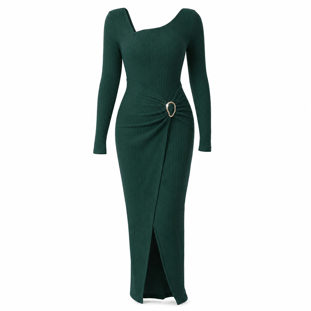 Women's Autumn Winter Solid Color Knit Texture Long Dress with Irregular Neckline
