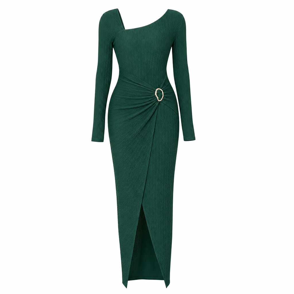 Women's Autumn Winter Solid Color Knit Texture Long Dress with Irregular Neckline