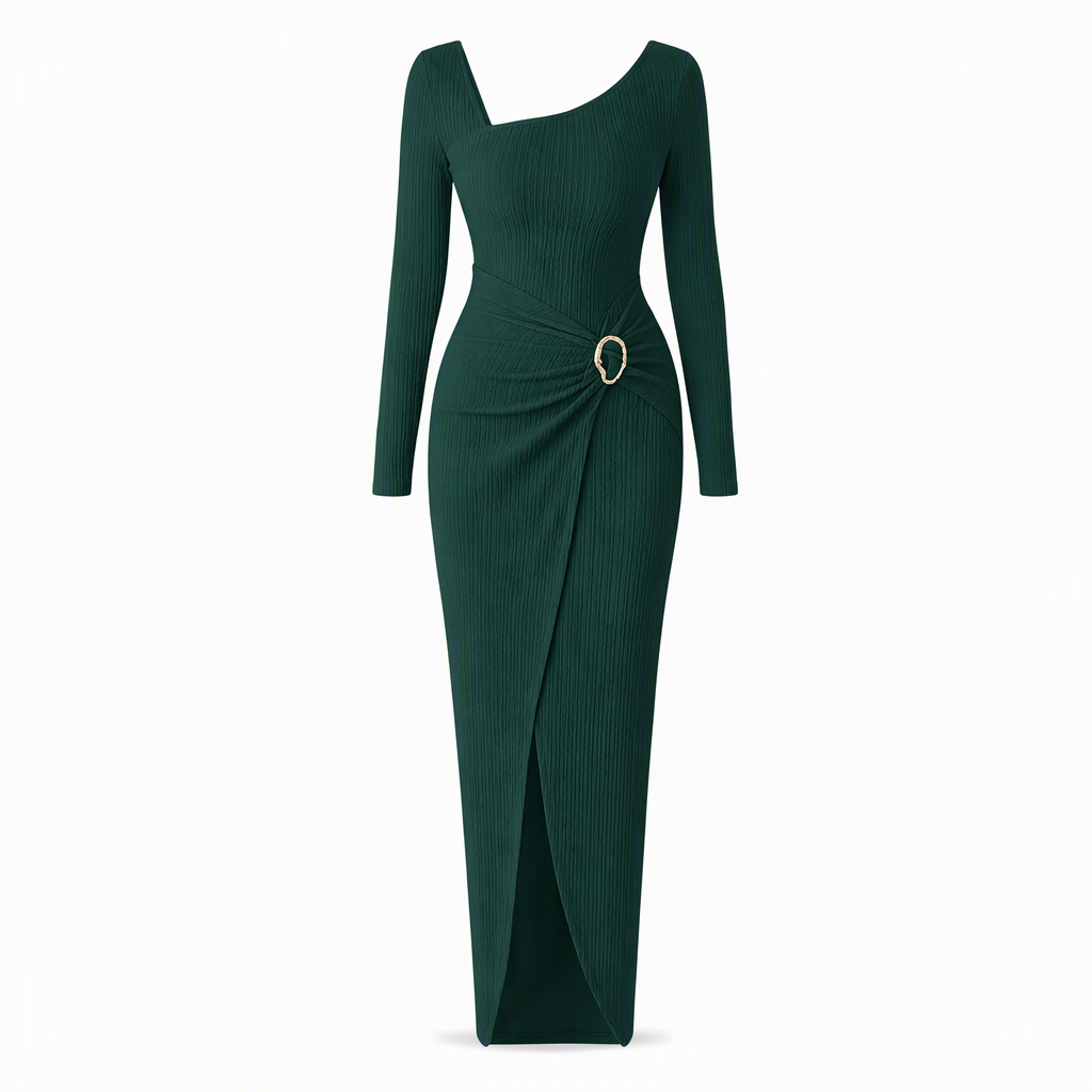 Women's Autumn Winter Solid Color Knit Texture Long Dress with Irregular Neckline