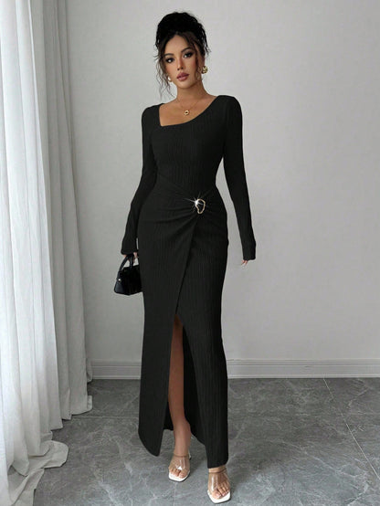Women's Autumn Winter Solid Color Knit Texture Long Dress with Irregular Neckline